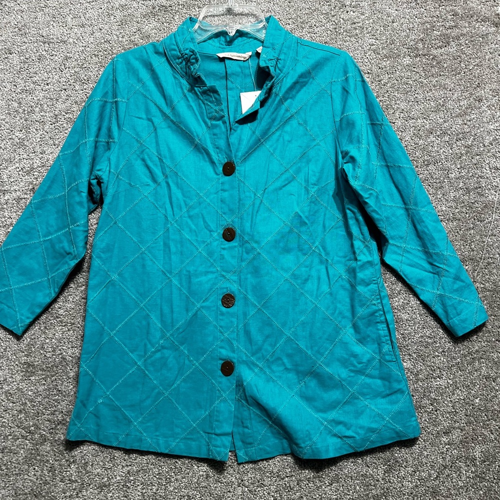 Soft Surroundings Woman Blue Button Up Linen Blend Top Blouse Size Small Petite